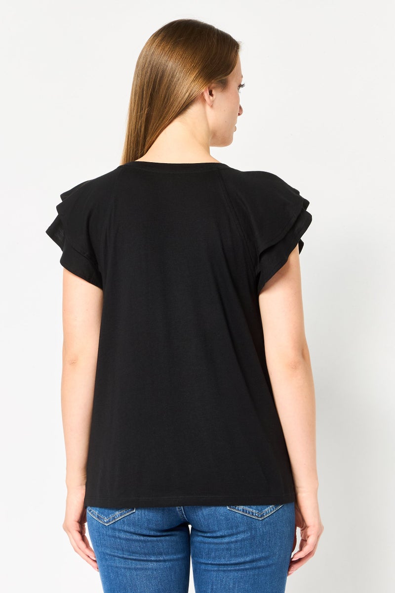GAP Women Crew Neck Solid Flutter Sleeve Top, Black - Image 4